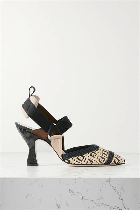 FENDI Colibri grosgrain and woven raffia slingback pumps 